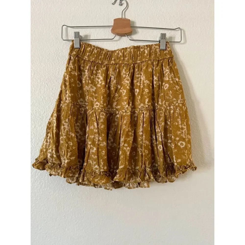 Olivaceous Floral Tiered Mini Skirt‎ Ruffle Boho Mustard Yellow Size Small Exc